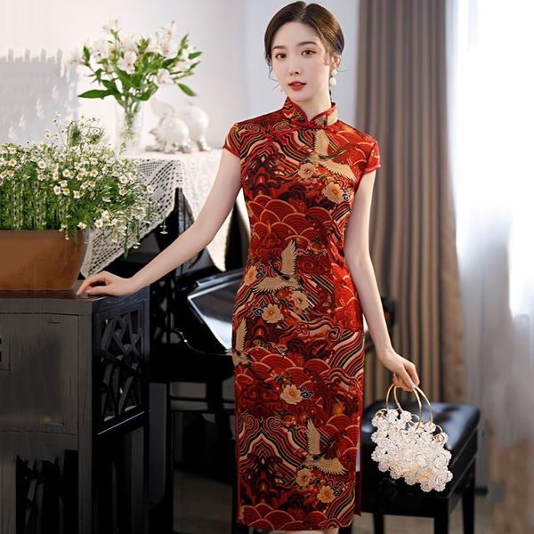 

women exquisite chinese style print retro dress slim short sleeve novelty qipao summer elegant mandarin collar cheongsam ethnic clothin, Red