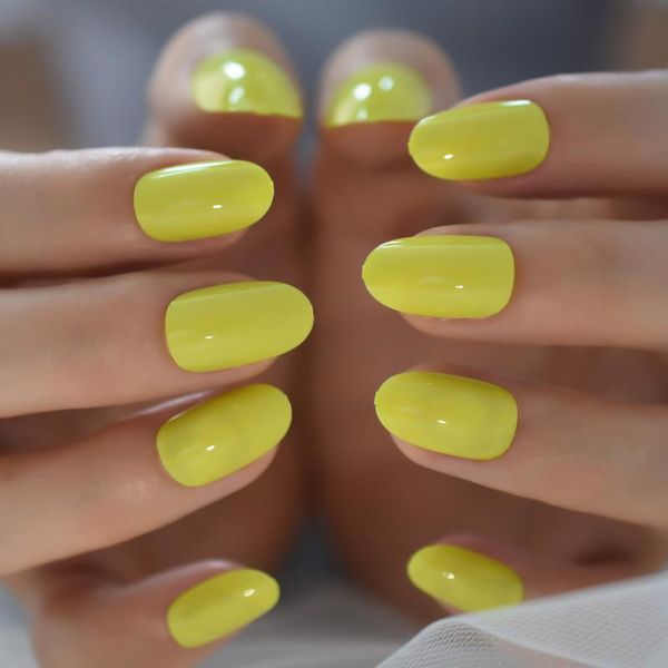 

false nails short oval shaped faux ongles solid color glossy fake nail tips artificial press on art manciure salon home, Red;gold