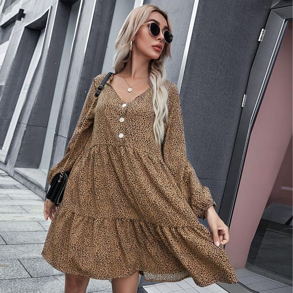 

casual dresses women dress animals print leopard v neck button loose waist mini female long sleeve vintage a line vestidos mujer, Black;gray