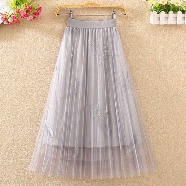 

skirts female 2021 spring summer kawaii beading tulle mesh skirt women elastic high waist long pleated jupe femme y925, Black