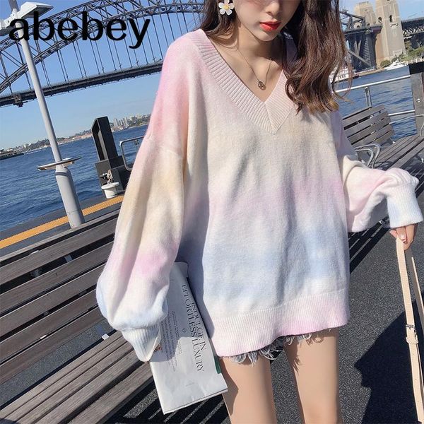 

spring autumn rainbow pink sweater women v-neck loose long sleeves knit pullover over size outer wear mx19c5425 women's sweaters, White;black