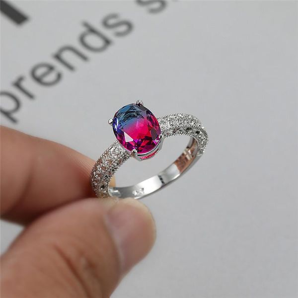 

charming rose red blue zircon oval stone rings for women minimalist jewelry mystic rainbow crystal ring bridal wedding band gift cluster, Golden;silver