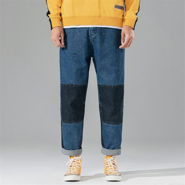 

men's straight jeans streetwear loose casual plus size splice pantalon summer maggie's walker solid color wide leg harajuku, Blue