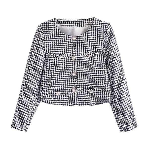 

women's jackets merodi women casual houndstooth print short spring autumn fashion jewellery buttons chic lady sequined plaid outwear, Black;brown