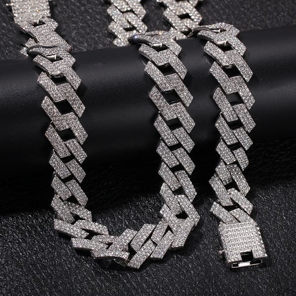 

mens cuban chain necklace alloy plating 3-row diamond hip hop ins full diamond artifical large gold chokers chain for men, Silver