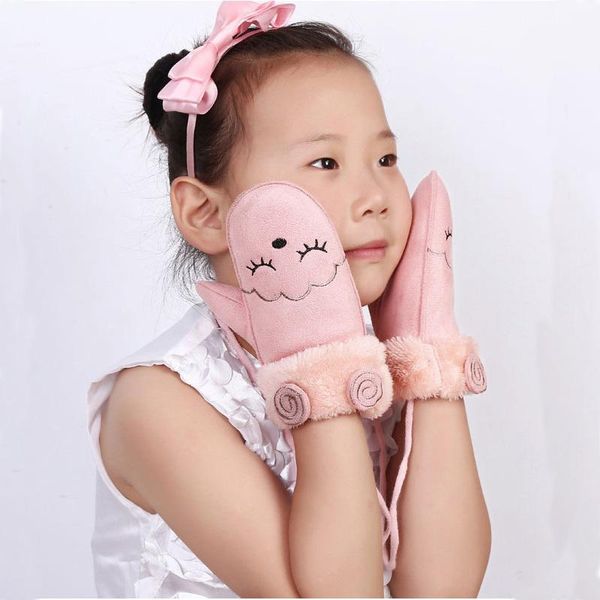 

fingerless gloves lovely cartoon children' winter thick cashmere cotton warm suede leather mittens boy/girls faux sheepskin, Blue;gray