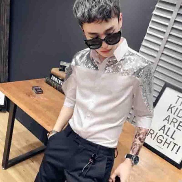 

men's casual shirts fashion trend dj sequins slim and handsome clothing individual splicing mid sleeve shirt performance night club hai, White;black