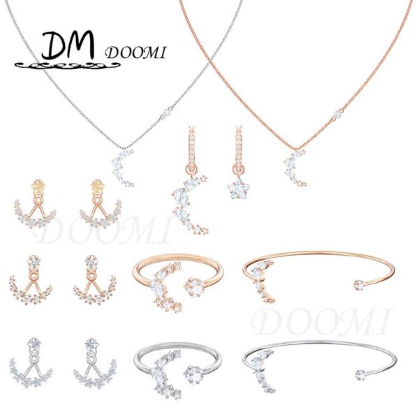 

swa1: 1 fashion jewelry charm geometric star moon crystal round racket necklace romantic birthday gift pendant necklaces, Silver