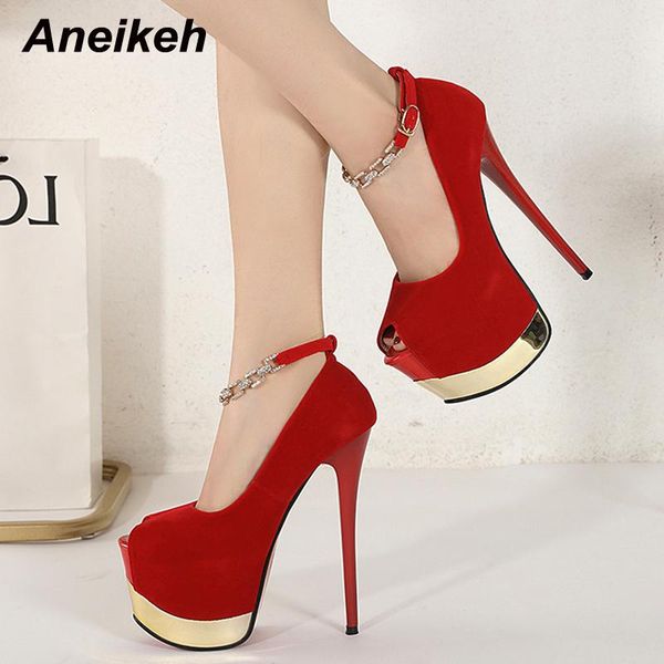 

dress shoes aneikeh flock crystal platform heigh sandals for woman summer peep toe shallow high heel pumps trends buckle strap wedding, Black