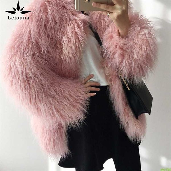 leiouna autunno inverno Cappotti in pelliccia sintetica femminile rosa alla moda era sottile capelli lunghi lana Cappotto peloso parka Donna Top 211220