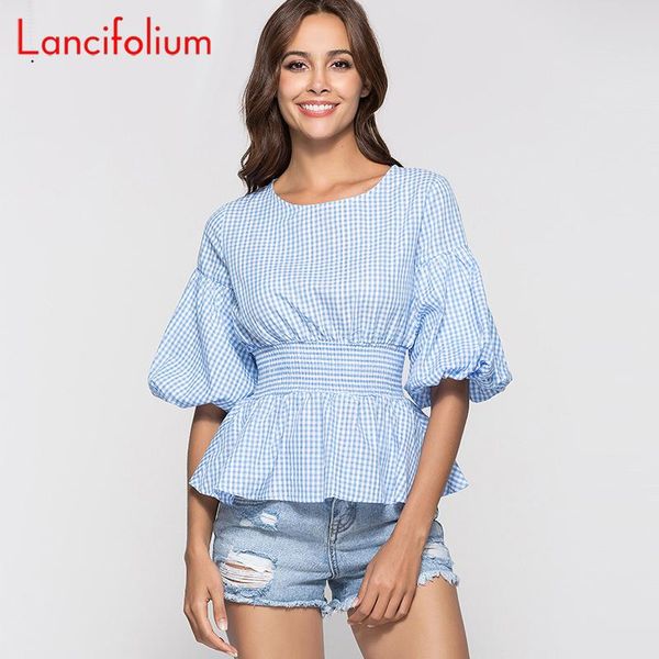 

vintage peplum elegant blouse women summer plaid korean style kawaii lantern short sleeve ruffle ladies shirt 2021 women's blouses & s, White
