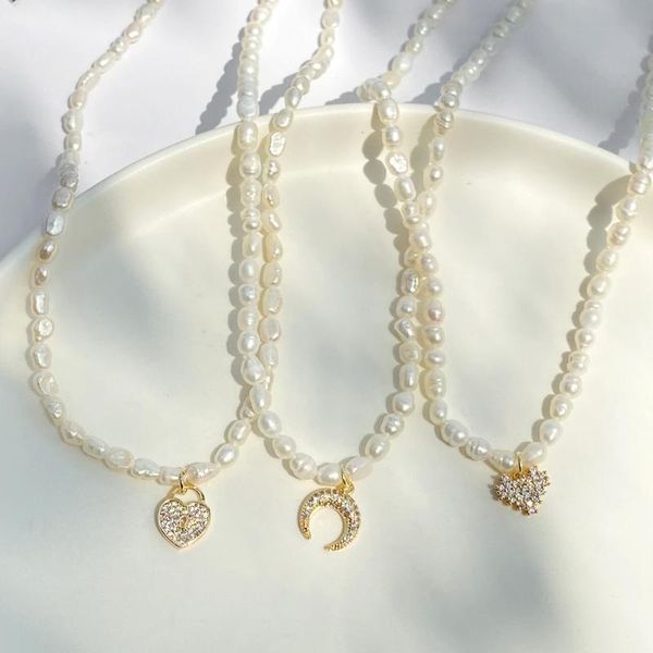 

chains real freshwater pearl necklace choker moon star pendant for women cz gold color couple jewelry, Silver