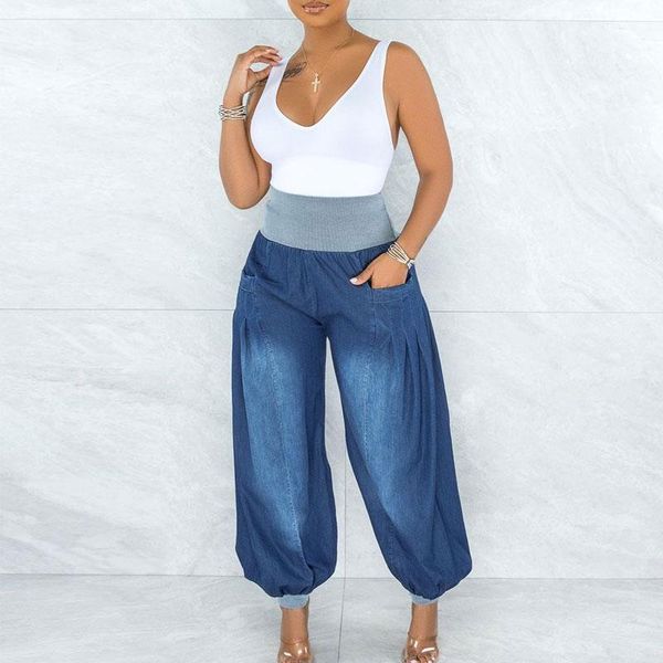 

women's jeans fashion women casual loose summer daily wear wide leg denim trousers long pants high waist pocket design colorblock, Blue