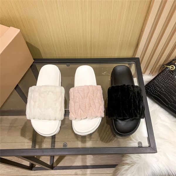 

women slippers luxurys designers wool slide winter fur fluffy furry letters metal sheets warm comfortable slides fuzzy girl flip flop slippe, Black