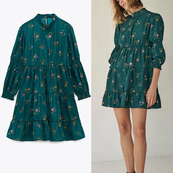 

dresses za green print mini women long sleeve elastic waistband vintage party es woman back opening vestidos, Black;gray