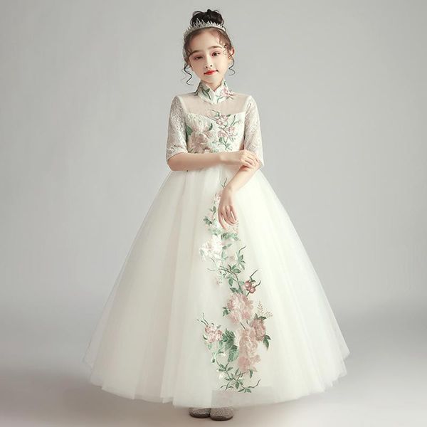 

girl's dresses flower girl dress illusion embroidery high half elegant princess floor-length tulle lace luxury white cute kids party go, Red;yellow