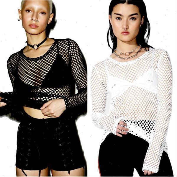 

womens itfabs brand mesh fishnet long sleeve sheer t shirt perspective tee solid white vestidos