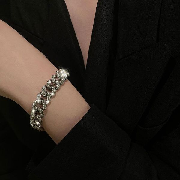 

charm bracelets luxury shiny rhinestone big wide women men punk chunky link hand jewelry accessories, Golden;silver