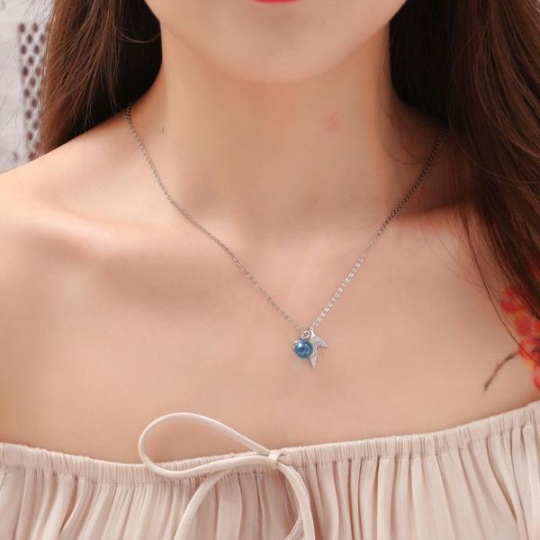 

pendant necklaces trendy korean fashion sweet blue mermaid tail necklace romantic whale chain for women girlfriend dating gift, Silver