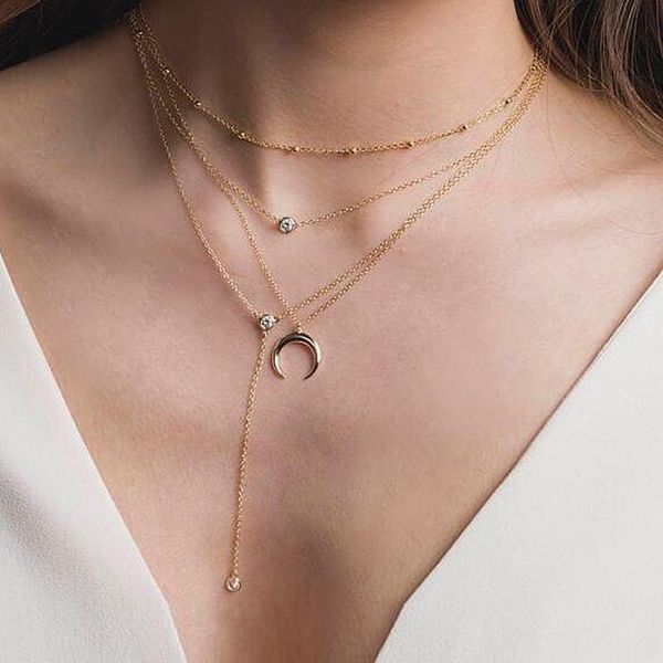 

chokers tiny collares mujer gold chain necklace women small moon rhinestone bead initial necklaces pendants long multi layers naszyjnik, Golden;silver