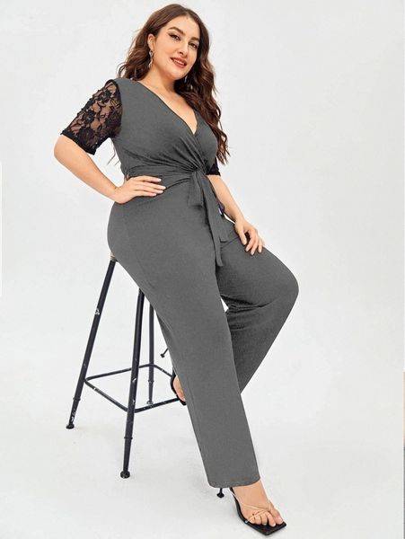 

plus wrap contrast lace sleeve jumpsuit v175#, Black