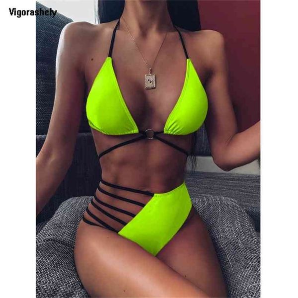 

vigorshely high waist swimwear women string bikini set halter swimsuit female brazilian biquini bathing suit swim wear 210702, White;black