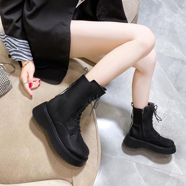 

boots 2021 trend color soft pu leather ankle women platform motorcycle booties female autumn winter shoes woman goth, Black