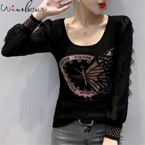 

spring fall korean style t-shirt fashion o-neck shiny diamonds women cotton ropa mujer long sleeve lace tees t00504a 210330, White
