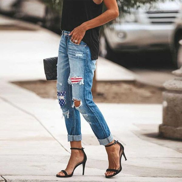 

women's jeans fashion ladies ripped independence day printed casual vintage woman high waist streetwear mom, Blue