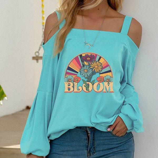 

2021 off shoulder women's color flower printed sweater in early autumn, Black