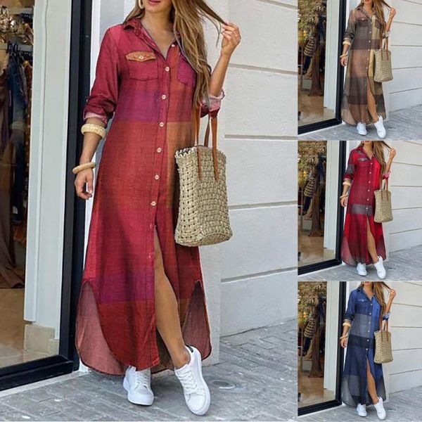

fashion womens casual loose long sleeve pocket button shirt print dress dresses, Black;gray