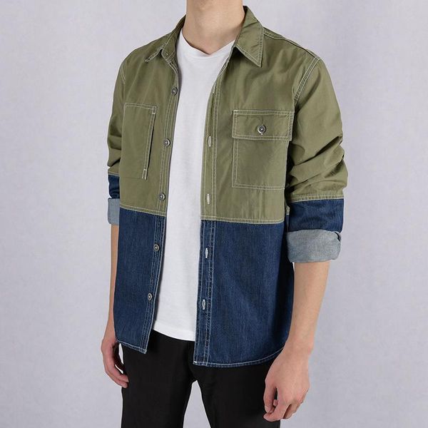 

men's casual shirts autumn fashion denim patchwork men vintage simple lapel long sleeve handsome wild jean top, White;black