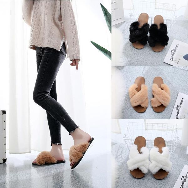 

shoes ladies' slippers low slipers women luxury slides fur flip flops 2021 soft designer plush rubber basic hoof heels pu rome, Black