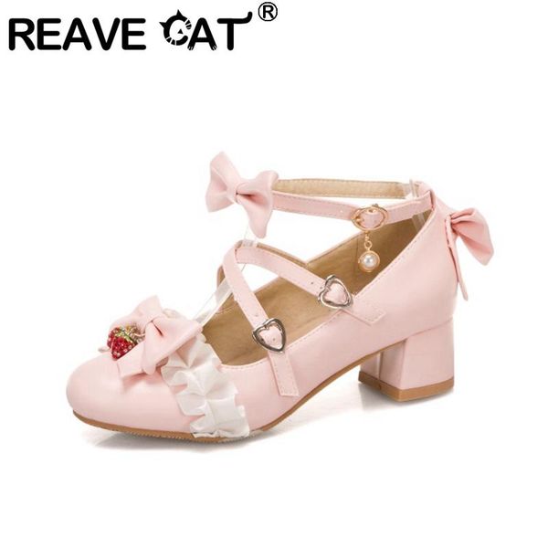 

dress shoes reave cat ladies bowknot lolita kawaii pearl pumps lace ruffles round toe square high heels 4cm pu buckle big size 30-48 a3262, Black