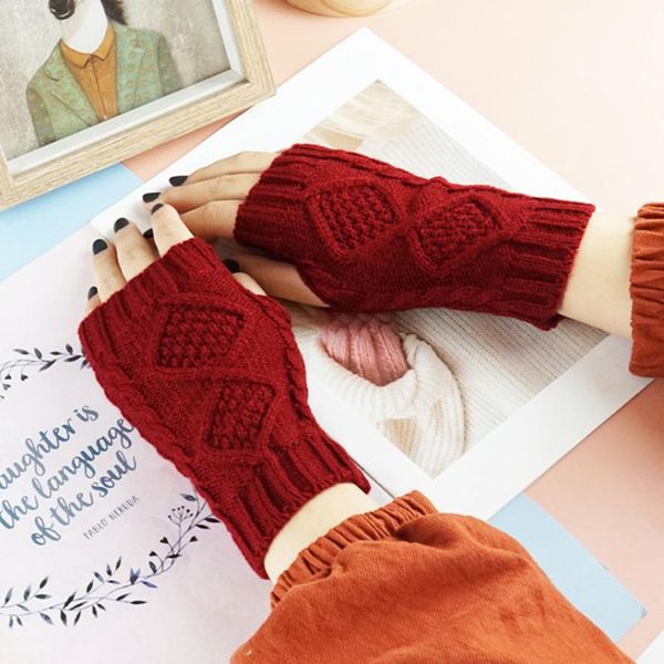 

five fingers gloves twist knitted crochet fingerless stylish hand warmer mittens women wrist short solid color fashion, Blue;gray