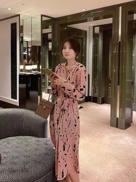 

casual dresses chiffon long sleeve women dress 2021 single breasted print floral woman's clothes elegant loose v-neck pink woman, Black;gray