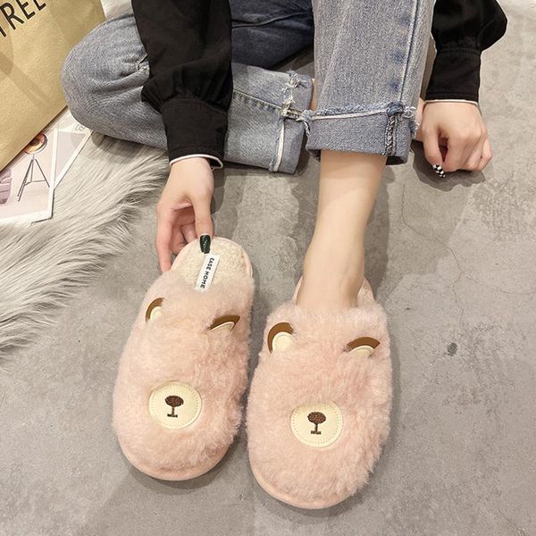 

sandals large size low woman leather shoes lady 2021 fur heels big low-heeled outside closed velvet girls basic short plush, Black