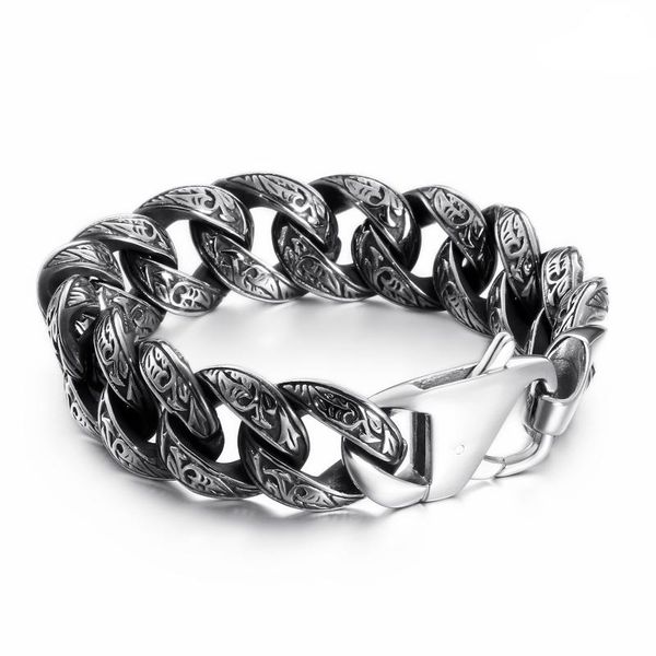 

link, chain vintage punk link bracelet men stainless steel mysterious symbol charm pulseira masculina heavy chunky armband jewelry, Black