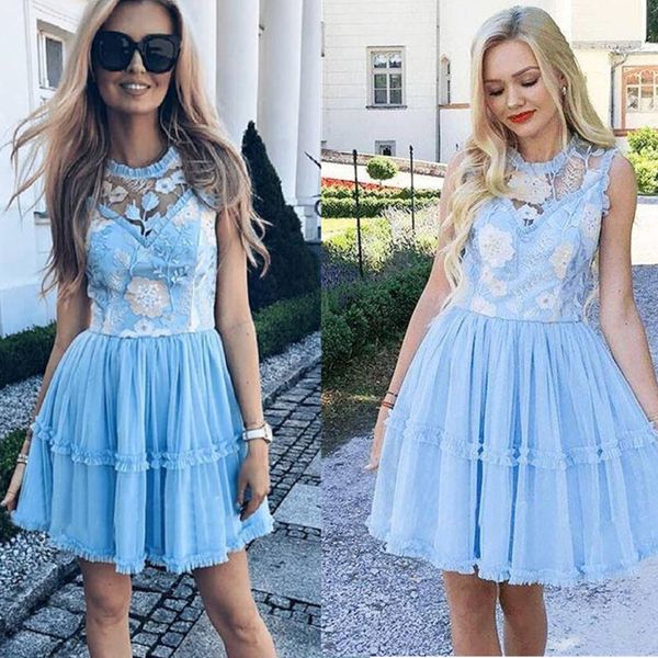 

sky blue sleeveless printed chiffon skater short prom homecoming dresses summer holiday elegant short occasion prom gown, Blue;pink