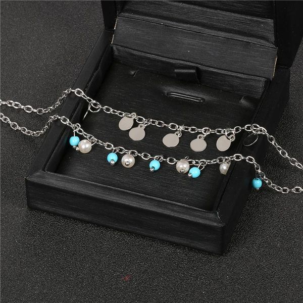 

anklets weomen anklet set simple pearl blue beads round silver color chain bohemian ladies birthday party jewelry gifts, Red;blue
