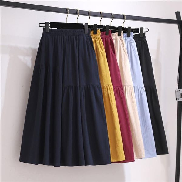 

summer cotton linen casual vintage women skirt high waist loose fashion korean style black pleated for student