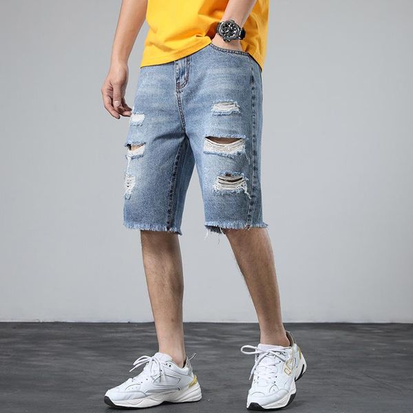 

summer denim shorts men's casual straight hole pants knee length cotton large size blue white 42, White;black