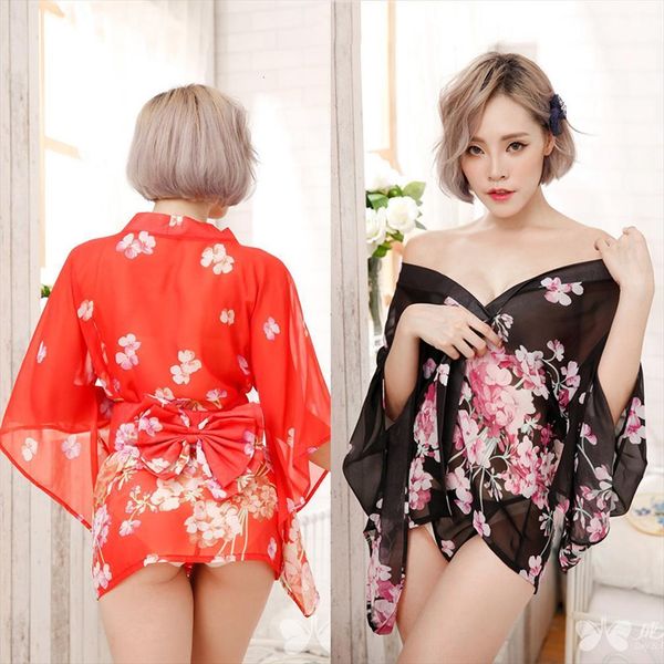 

japanese style kimono dress womens sleepwears underwear belt set transparent floral sleepwear oriental chiffon nightgown bathrobe, Black;red