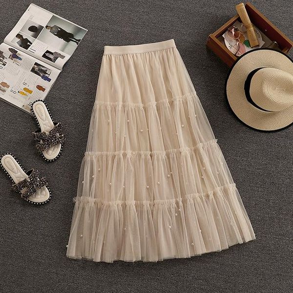 

skirts half-length skirt 2021 spring high-waisted thin elastic waist a-line beaded draped pleated mesh 0309, Black