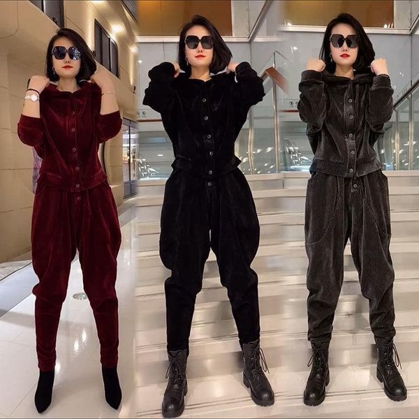 

women's two piece pants mother plus size fashion suit female corduroy early spring loose casual hooded jacket harem two-piece, White