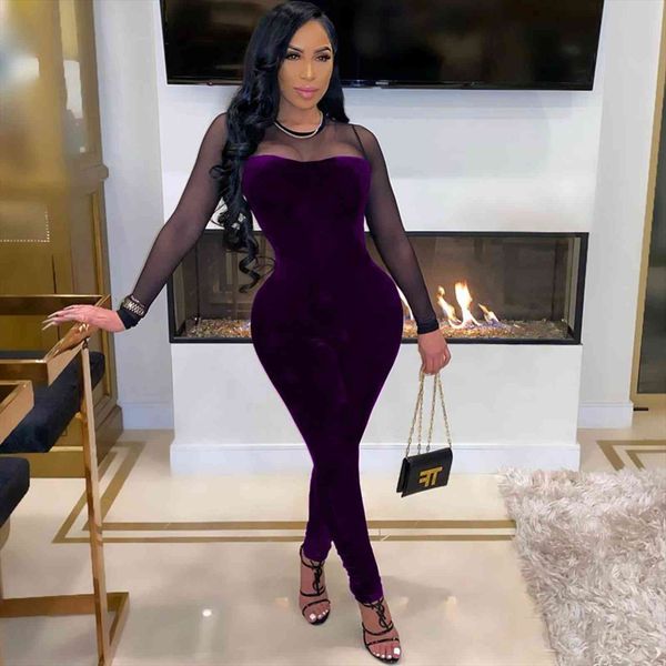 

sheer mesh patchwork velvet womens rompers long sleeve skinny elegant slim bodycon overalls club, Black;white