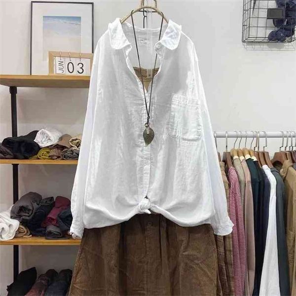 

autumn arts style women loose long sleeve cotton linen blouse pockets single breasted turn-down collar casual shirts w68 210512, White