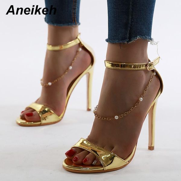 

dress shoes aneikeh 2021 bead chain fashion woman sandals peep toe basic thin high heels women party rome pumps gold, Black