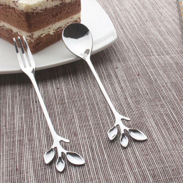 

forks stainless steel branch leaves fork spoon coffee tea spork flatware dessert tool