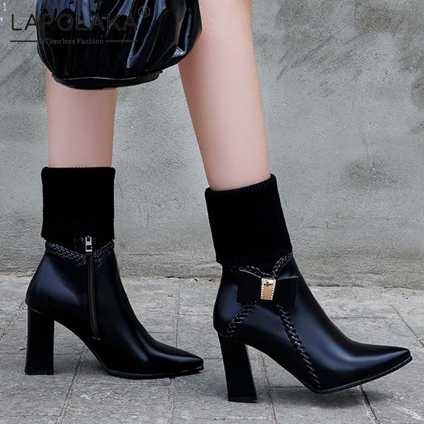 

boots lapolaka 2021 arrivals plus size 32-47 pointed toe shoes woman bowtie chunky high heels ankle women, Black